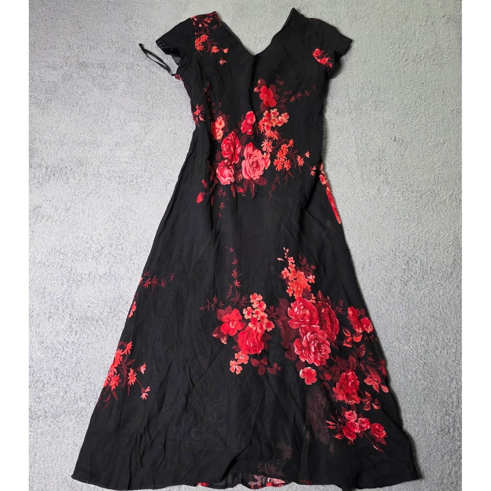 Evan-Picone Womens 8 Maxi Dress Black Red Floral V-Neck Short Sleeve Viscose